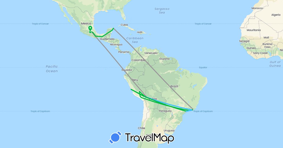 TravelMap itinerary: driving, bus, plane, boat in Bolivia, Brazil, Mexico, Peru (North America, South America)