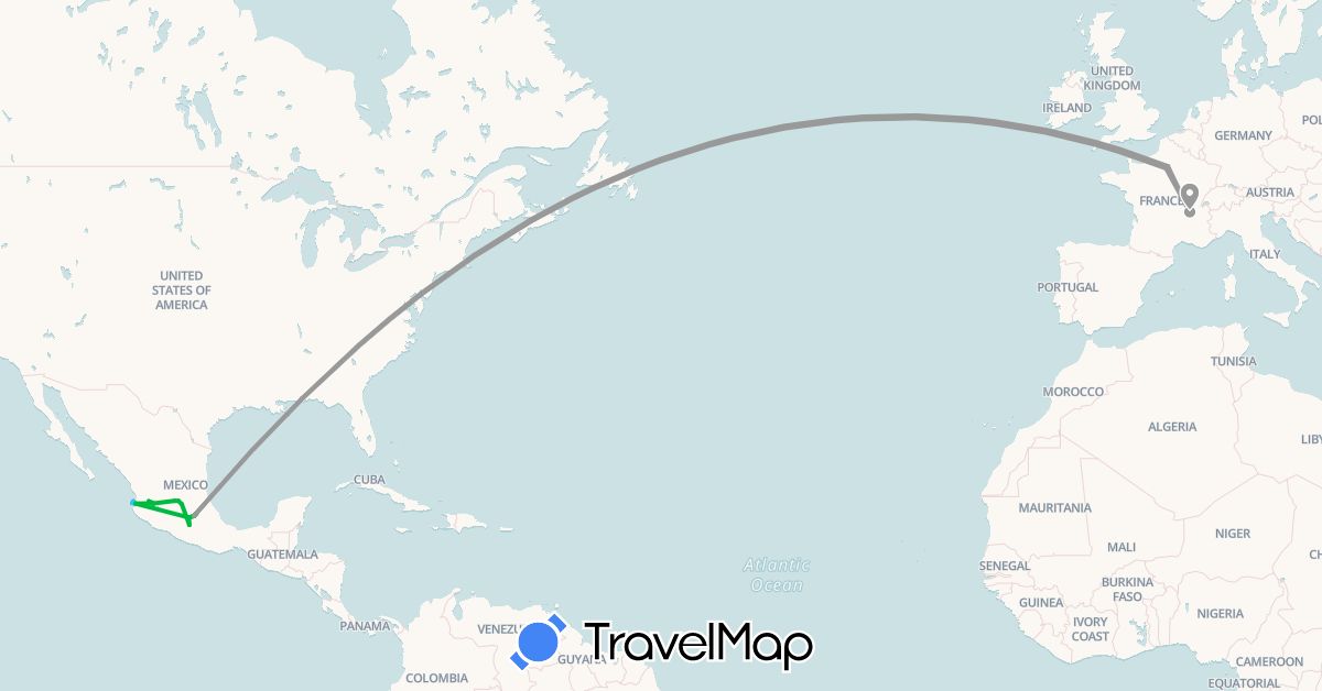 TravelMap itinerary: driving, bus, plane, boat in France, Mexico (Europe, North America)